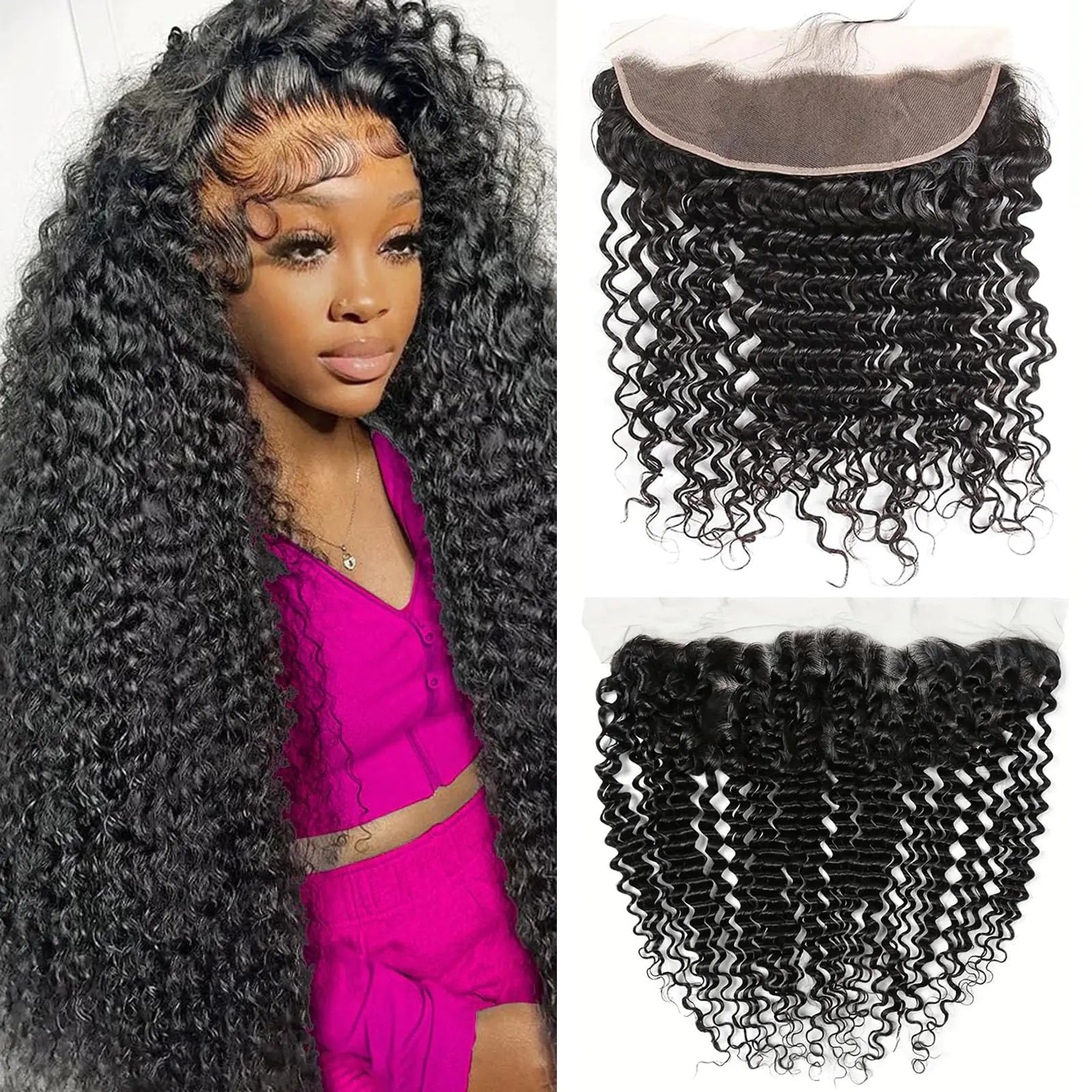 CLOZWIZME 16 Inch Deep Wave Frontal 13x4 HD Lace Frontal Human Hair Pre Plucked with Baby Hair Ear to Ear Transparent Lace Frontal Closure 100% Virgin Deep Wave Human Hair Frontal