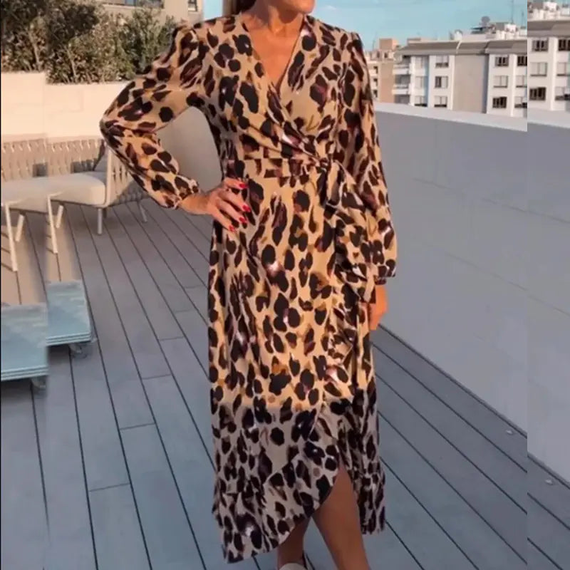 Autumn Leopard Print Long Sleeve V-neck Dress