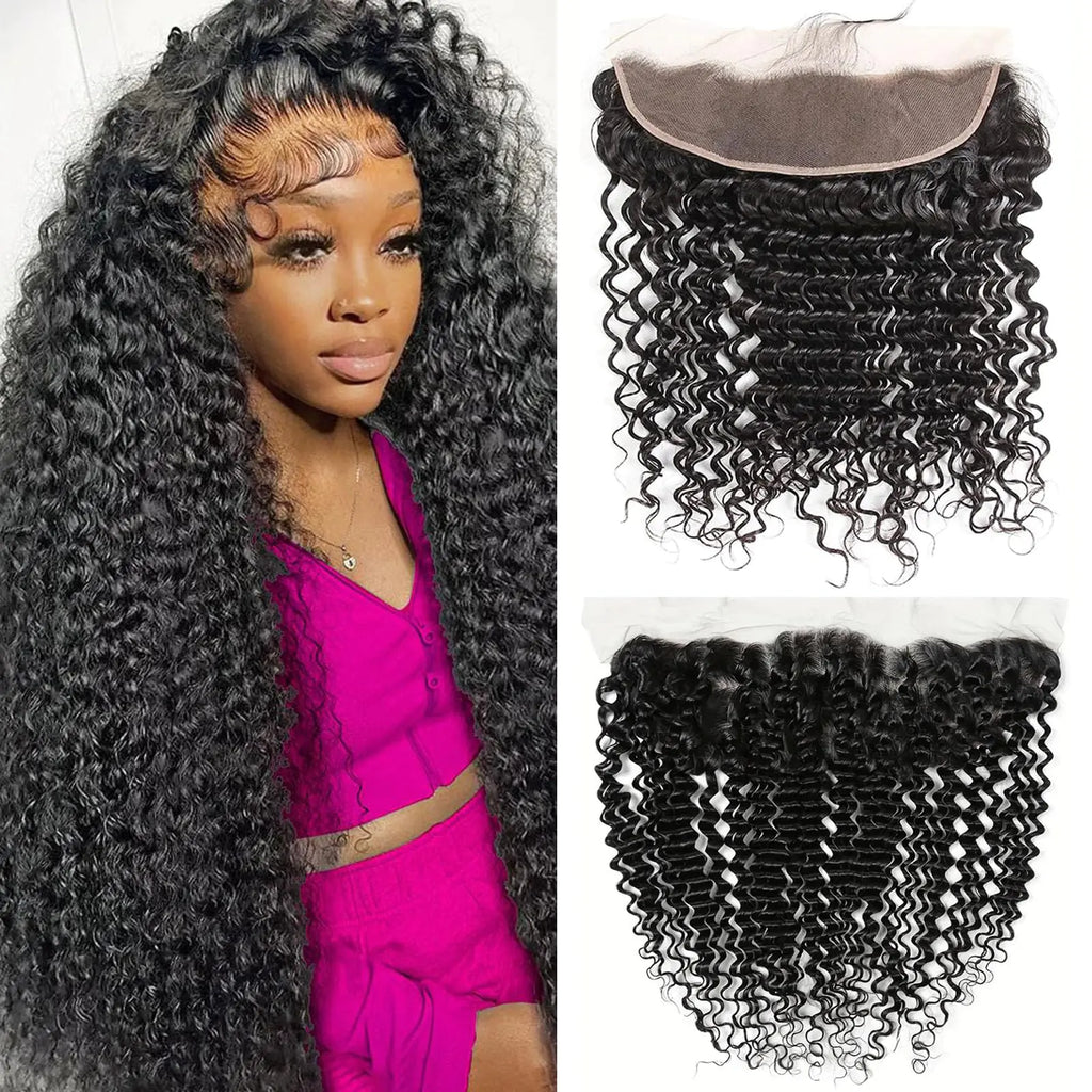 CLOZWIZME 16 Inch Deep Wave Frontal 13x4 HD Lace Frontal Human Hair Pre Plucked with Baby Hair Ear to Ear Transparent Lace Frontal Closure 100% Virgin Deep Wave Human Hair Frontal
