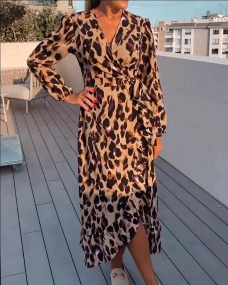 Autumn Leopard Print Long Sleeve V-neck Dress
