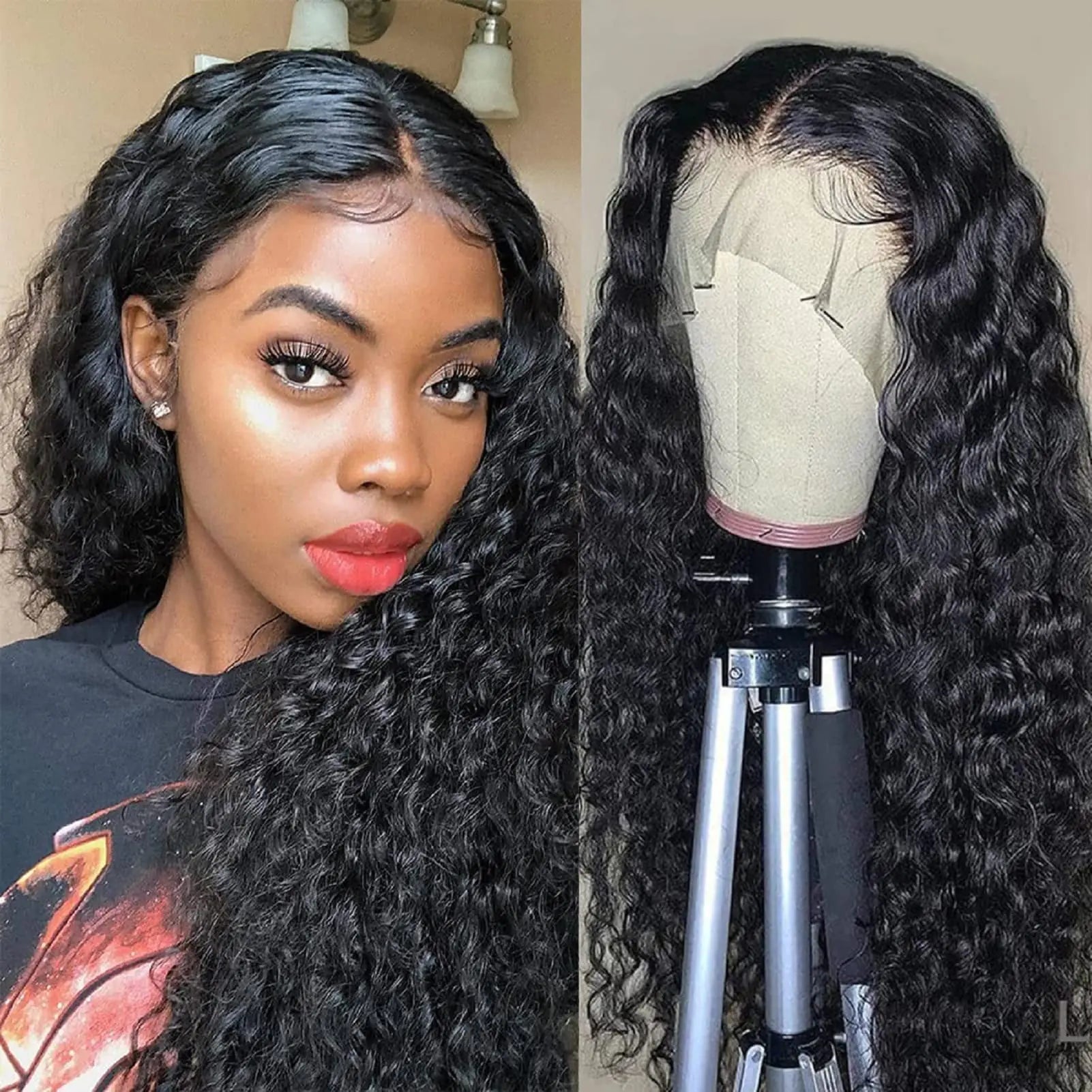 13x4 Lace Front Wigs Human Hair Lace Frontal Wigs Human Hair Deep Curly Human Hair Wig For Women Deep Wave Lace Frontal Wigs Human Hair 200% Density HD Transparent Pre Plucked (B-deep-13x4 22inch)