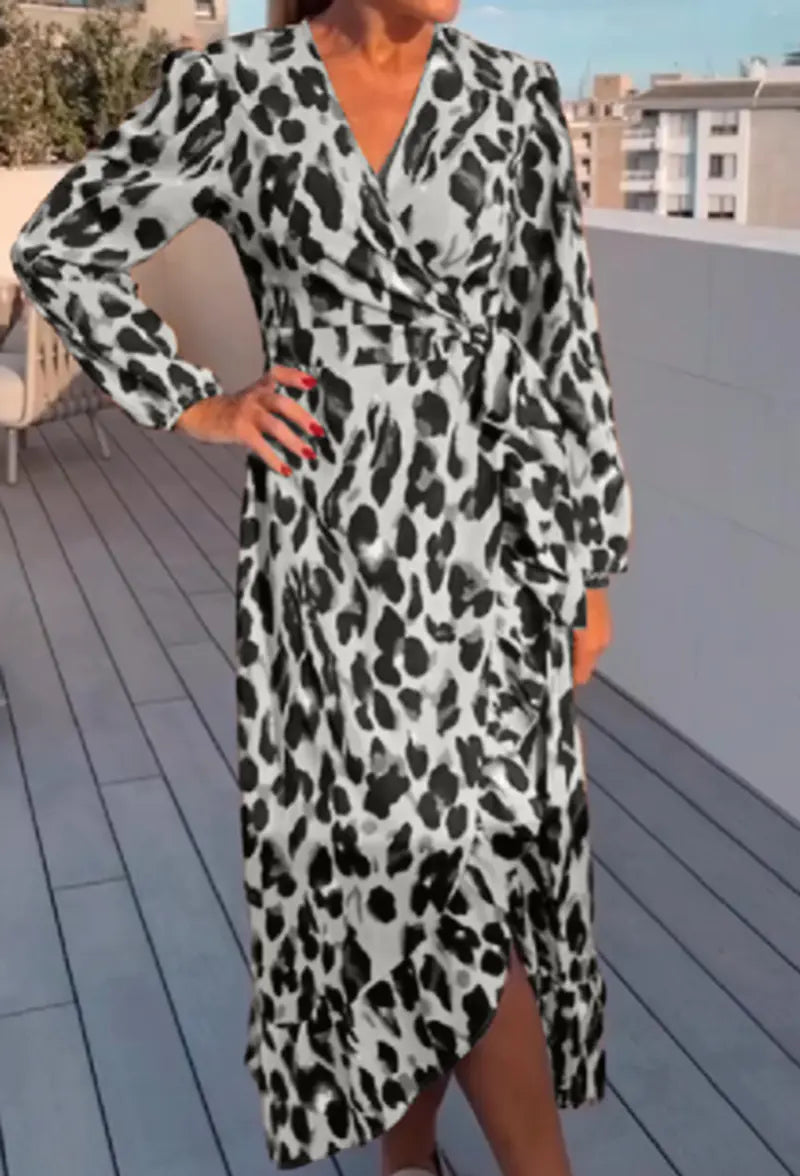 Autumn Leopard Print Long Sleeve V-neck Dress